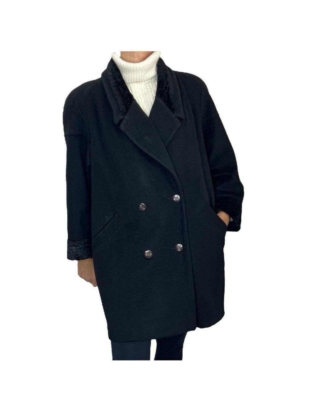 Vintage 70s 80s Luba Paris union made black wool double breasted boxy overcoat